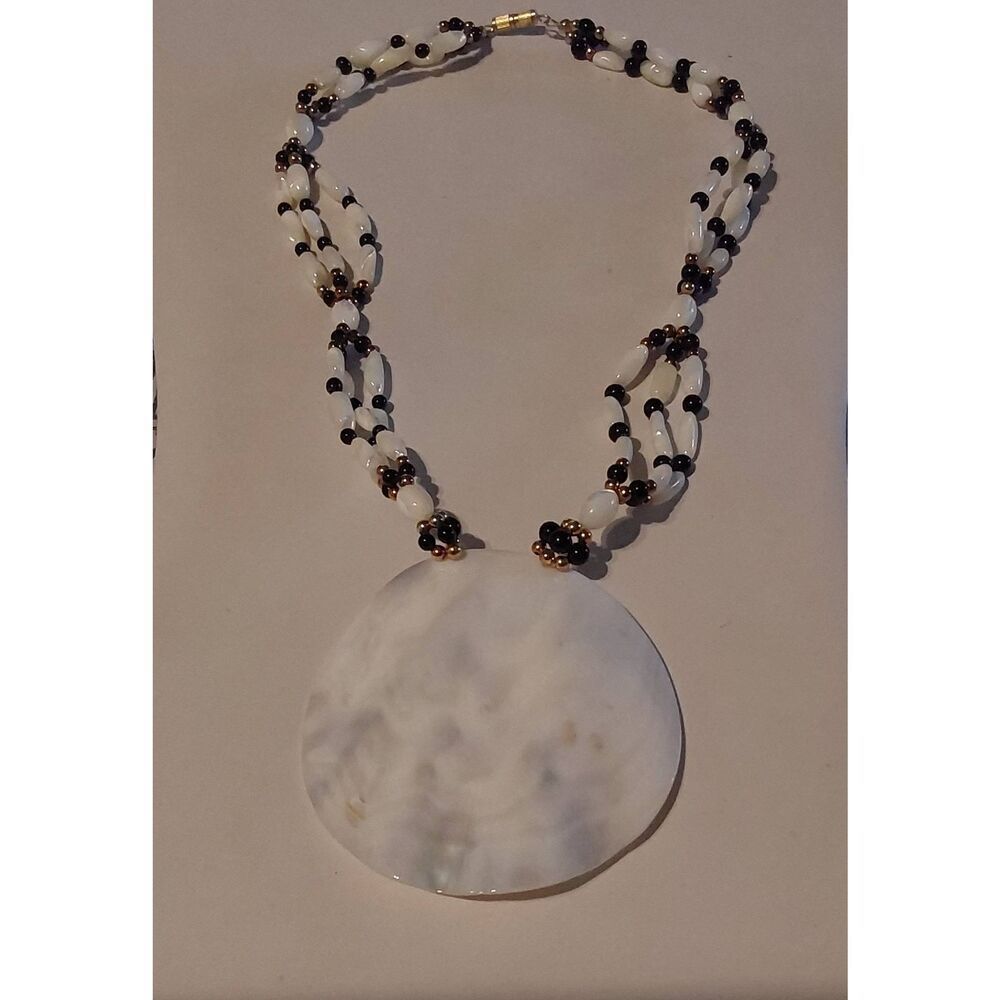 Beautiful Handcrafted Mother of Pearl Medallion~Black Onyx Beaded Pendant Neckla
